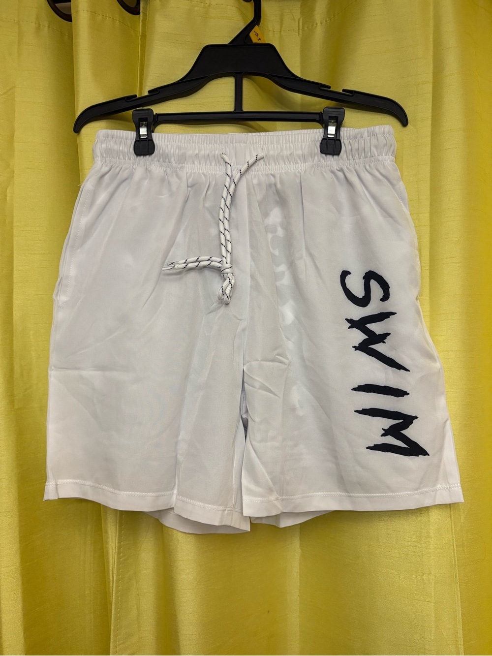 SHEIN White Men's Swim Trunks with Black 'SWIM' Side Graphic